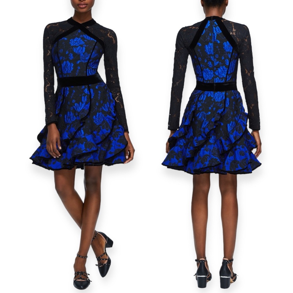 Tadashi Shoji Amina Velvet Lace Floral Jacquard Ruffle Dress Size 0